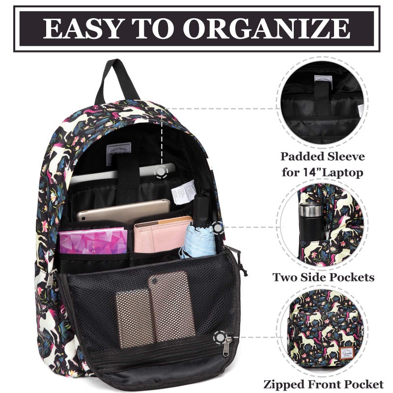 VASCHY School Backpack for Girls, Cute Schoolbag Bookbag for Kids/Teens/Middle School/College/Work Backpack for Women, Black Unicorn - Image 4